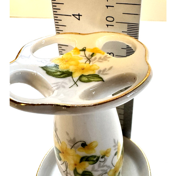 Vintage Cottage Core YELLOW Floral Toothbrush Holder with Gold Trim - Picture 6 of 7
